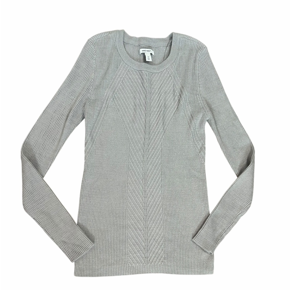 Nine West Metallic Silver Ribbed Fitted Lightweight Sweater Womens Sz Medium